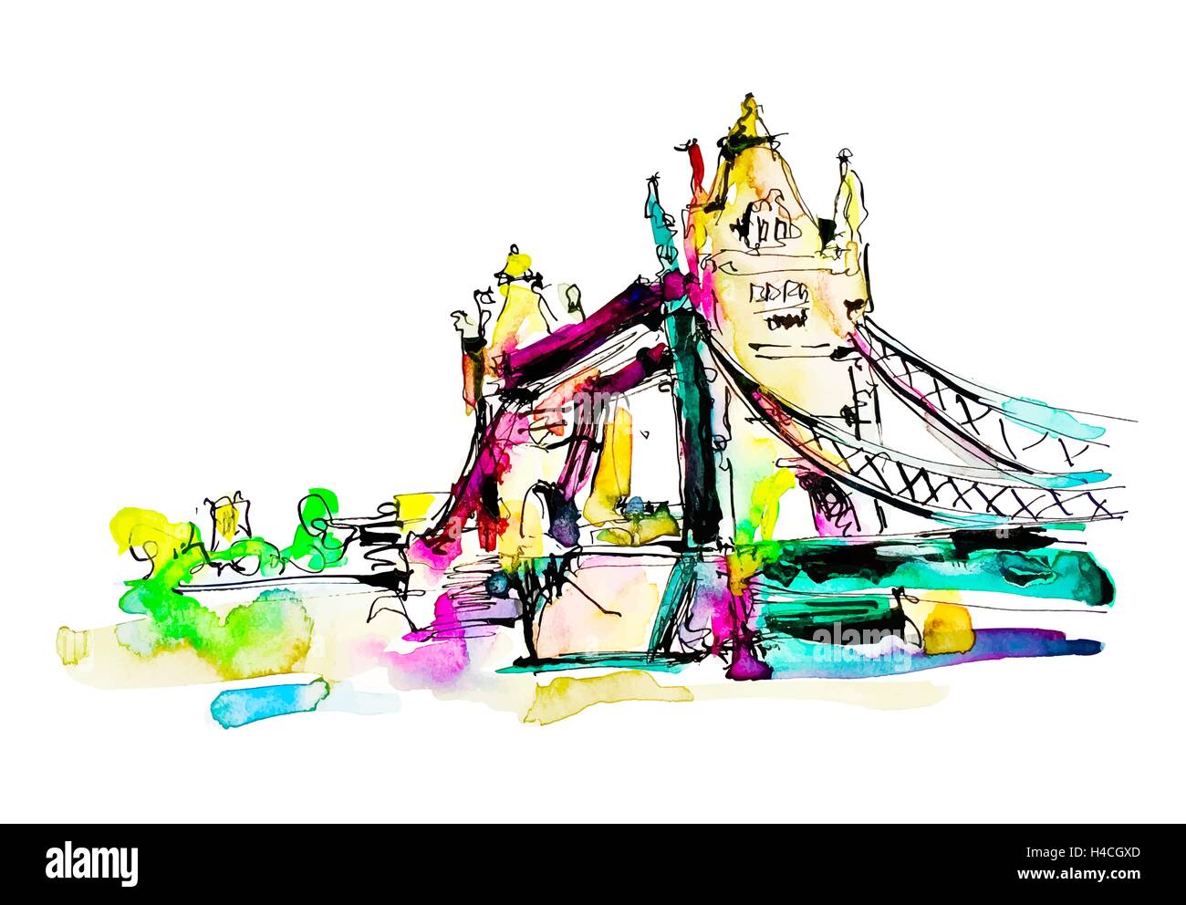 Watercolor sketch painting of The Tower Bridge in London town Stock Vector