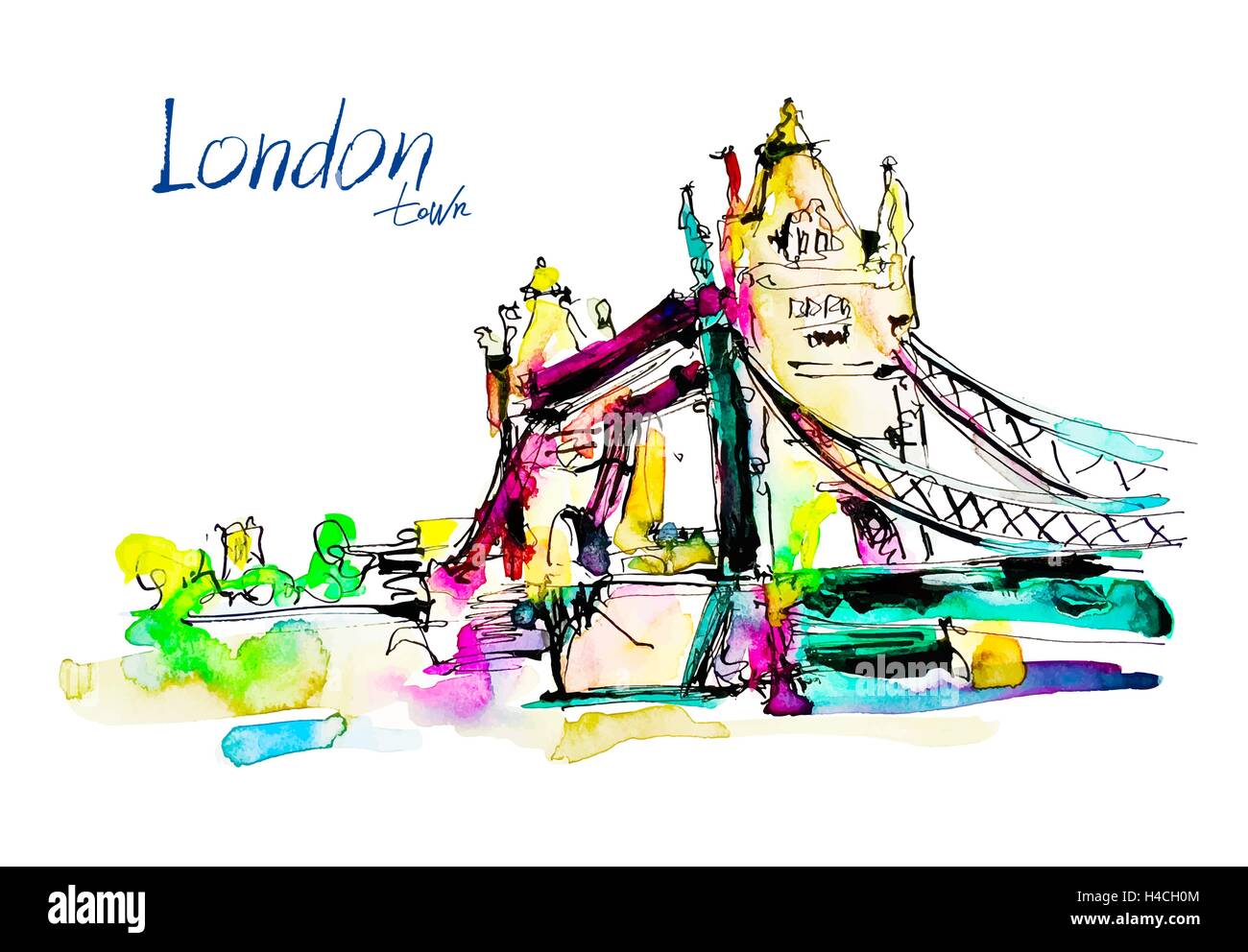 Watercolor sketch painting of The Tower Bridge in London town wi Stock ...