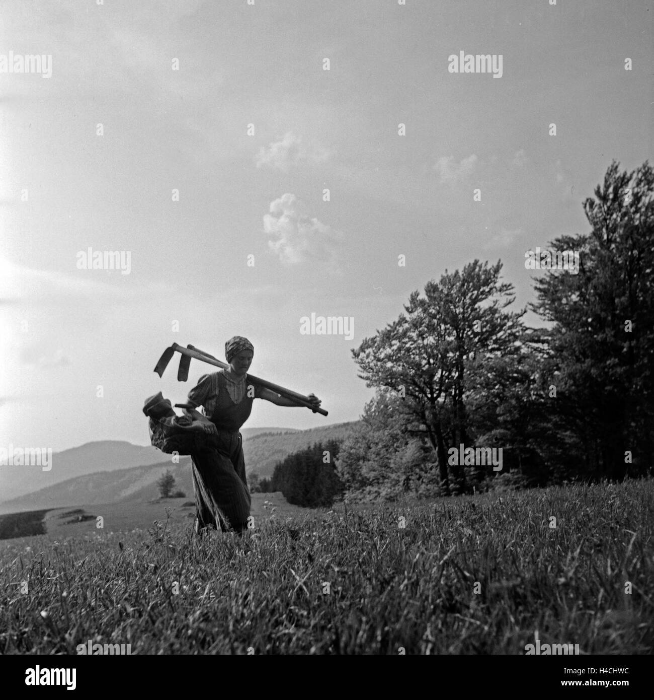 Eine Bäuerin aus dem Schwarzwald unterwegs vom Feld, Deutschland 1930er Jahre. A farming woman coming back from the field in Black Forest, Germany 1930s. Stock Photo