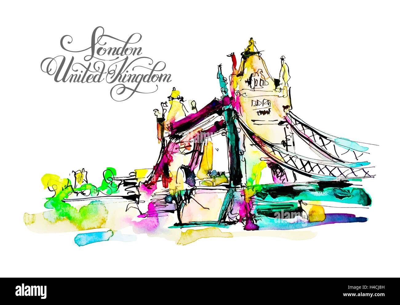 Watercolor sketch painting of The Tower Bridge in London town Stock Vector