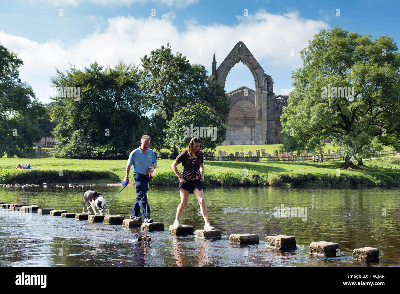 Members of the public cross the River Wharfe along with their dogs, whilst enjoying the sunshine, at Bolton Abbey, in Wharfedale Stock Photo
