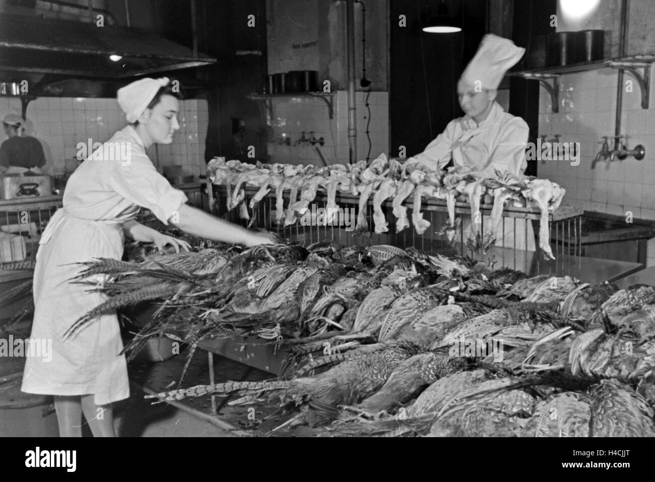 Eine Köchin und ein Koch mit frischem Geflügel in der Küche einer Gaststätte, Deutschland 1930er Jahre. Two chefs with fresh poultry at the kitchen of a restaurant, Germany 1930s Stock Photo