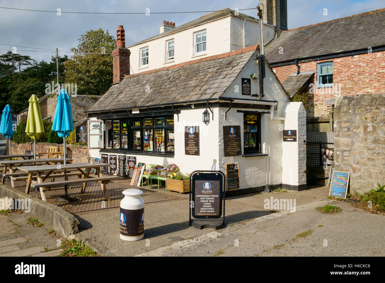 Old weighbridge building now a tea room and tea shop, Charlestown, Cornwall, England, UK Stock Photo