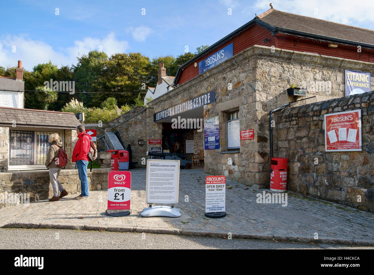 Tourists outside the Shipwreck and Heritage Centre, Charlestown, Cornwall, England, UK Stock Photo