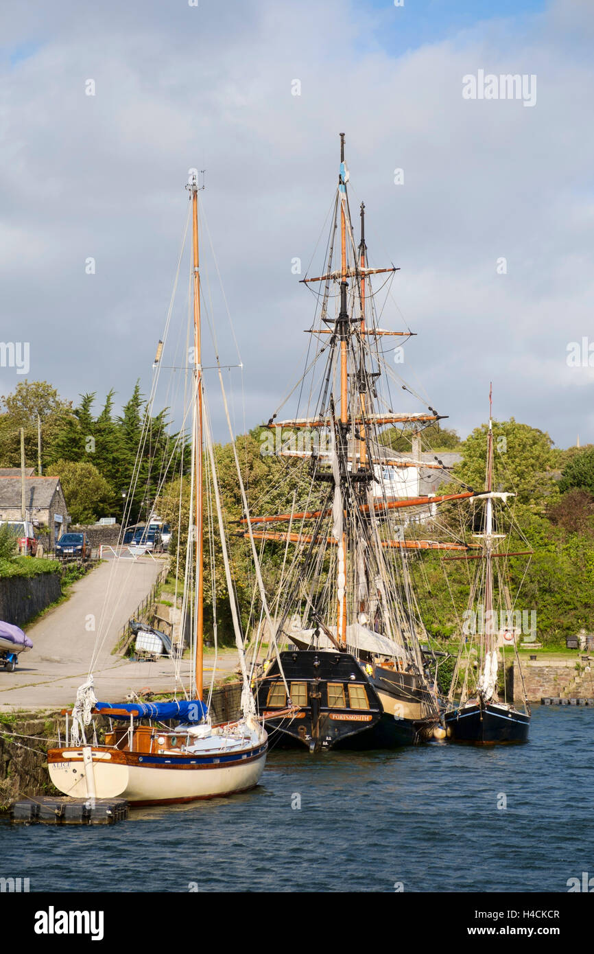 Tall ship moored in Charlestown harbour, Cornwall, England, UK Stock Photo