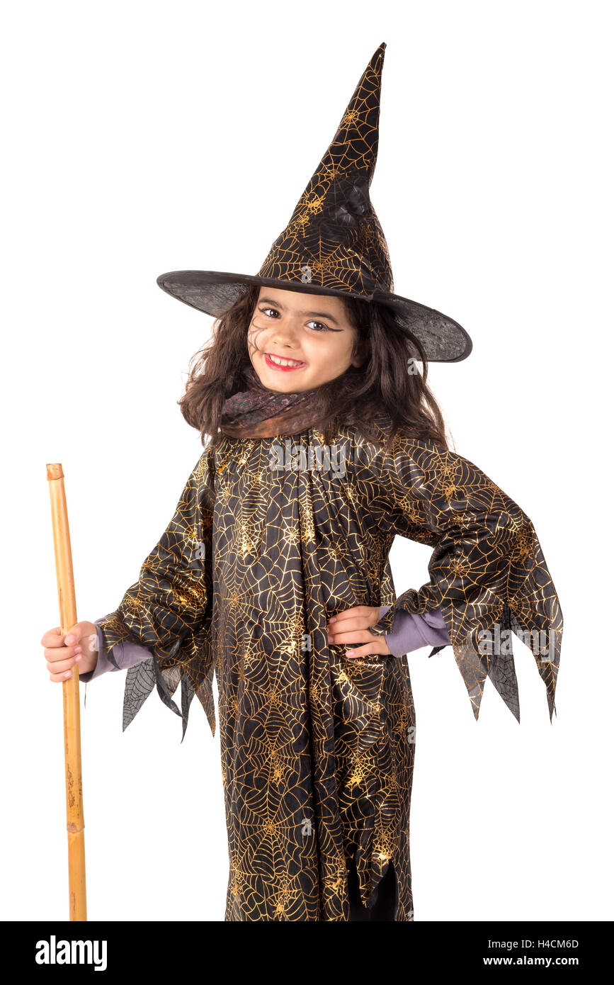 Girl with face-paint and Halloween witch costume isolated in white Stock Photo