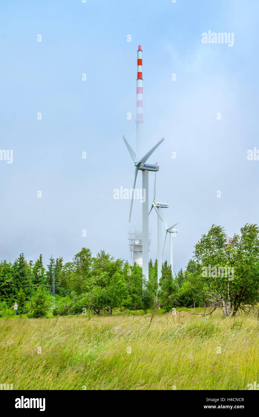 Germany, Baden-Wurttemberg, sea brook, SWR radio tower and wind power stations in the fog on the Hornisgrinde, to the highest mountain the north Black Forest, Stock Photo