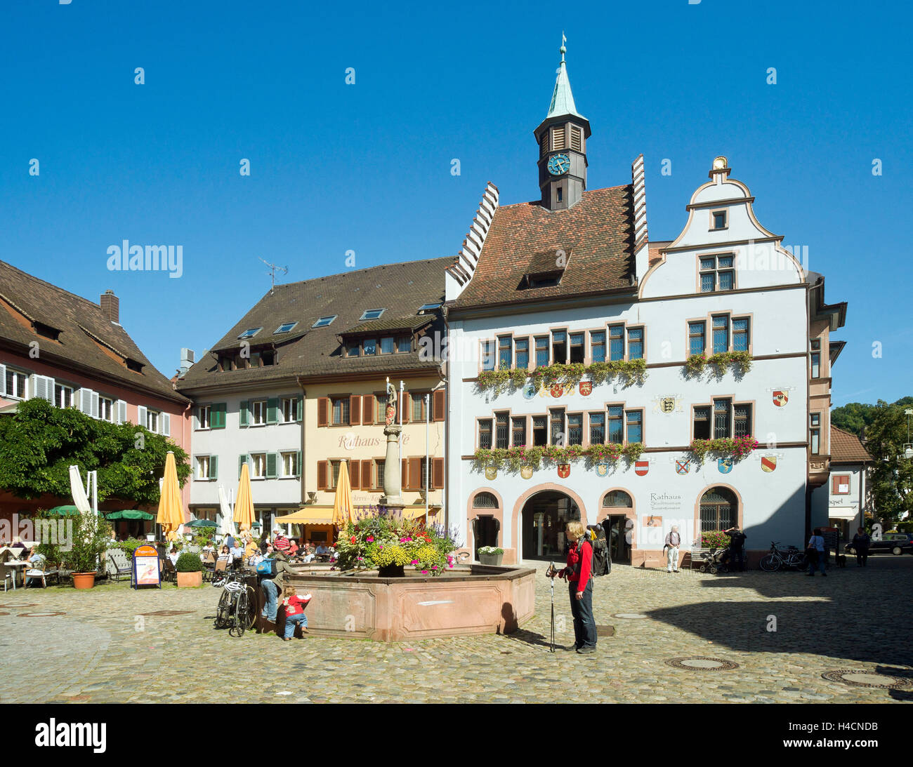 Germany, Baden-Wurttemberg, Staufen in the Breisgau, the historical city hall 1546 with scrolled gable, roof bleed and group windows accommodates the town museum and the tourist information, Stock Photo