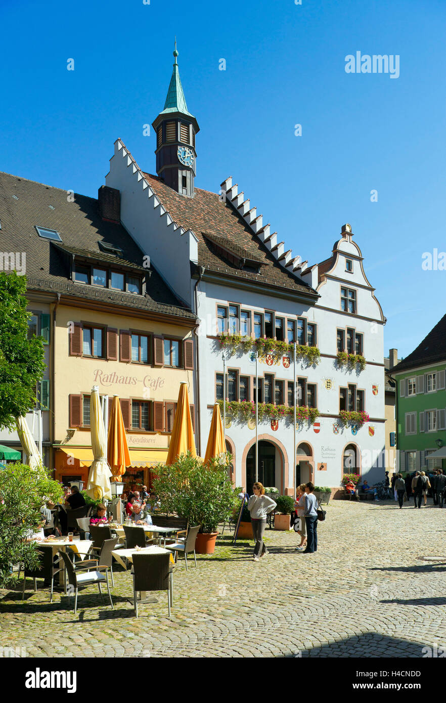 Germany, Baden-Wurttemberg, Staufen in the Breisgau, the historical city hall 1546 with scrolled gable, roof bleed and group windows accommodates the town museum and the tourist information, Stock Photo