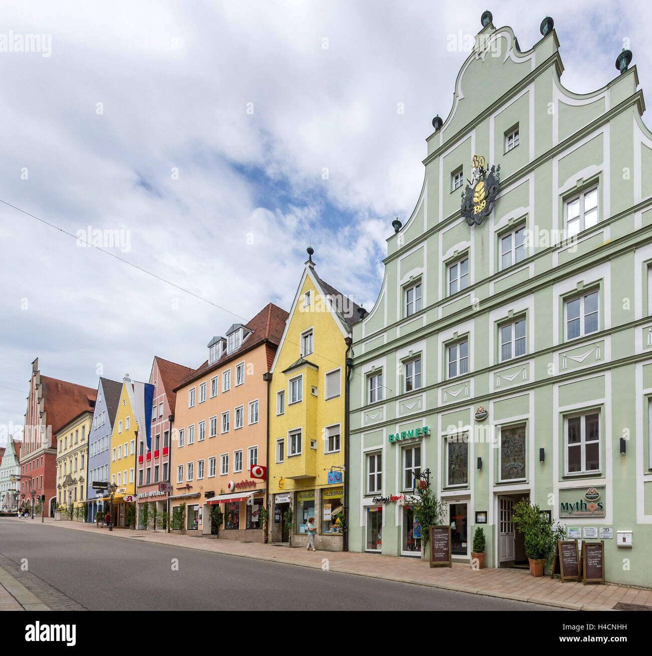 Germany, Bavaria, Donauwoerth, Reichsstrasse with the civil gabled houses which were rebuilt after the 2nd world war faithfully, Stock Photo