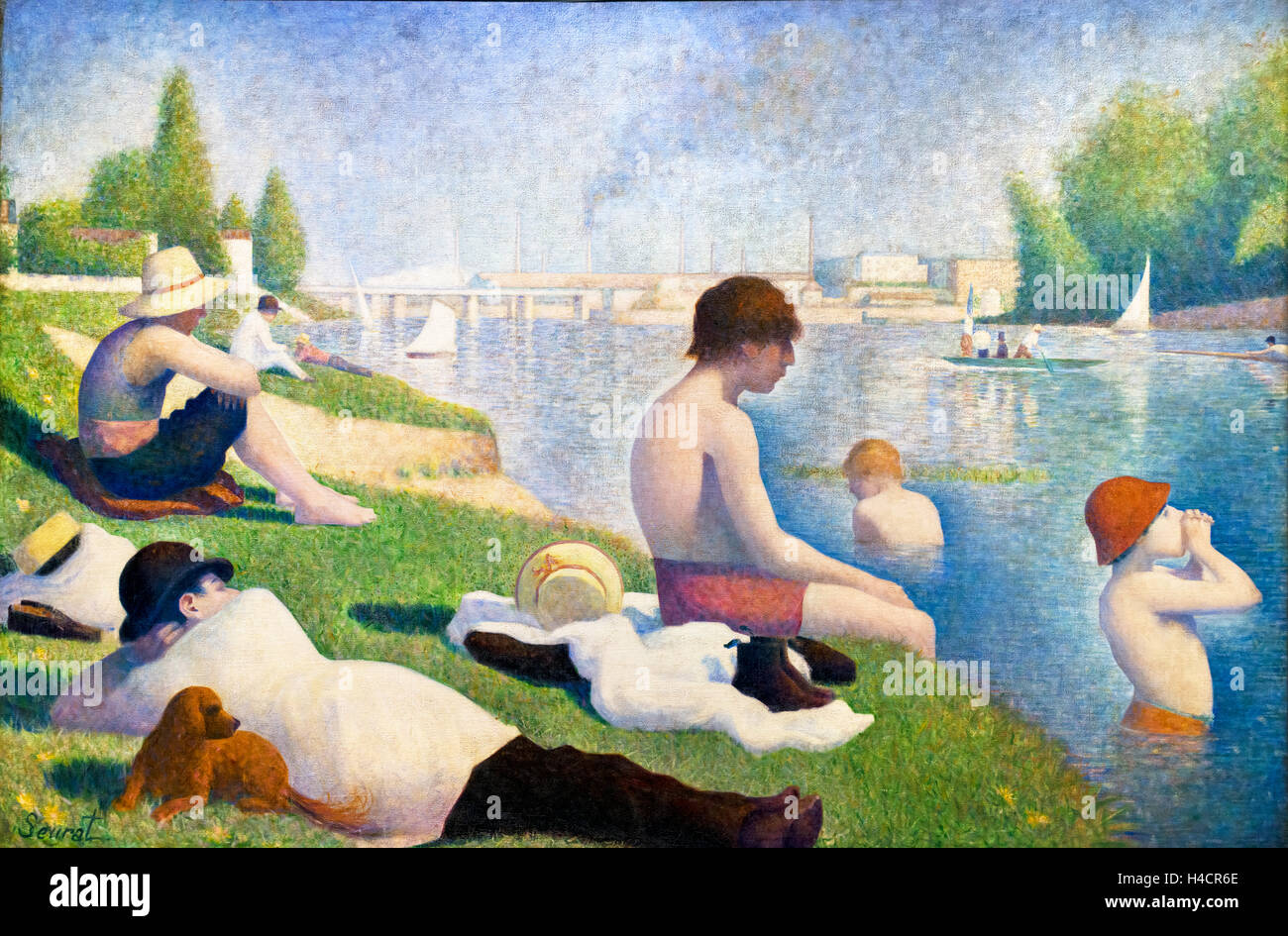 Bathers at Asnières by Georges Seurat, oil on canvas, 1884. Asnières is an industrial suburb north-west of Paris on the River Seine. The painting shows a group of young people bathing by the river. This was the first of Seurat's large-scale compositions. It wasn't painted using his pointillist technique, which he developed later. However, he reworked areas of the picture, using dots of contrasting colour, to create a luminous effect. Stock Photo