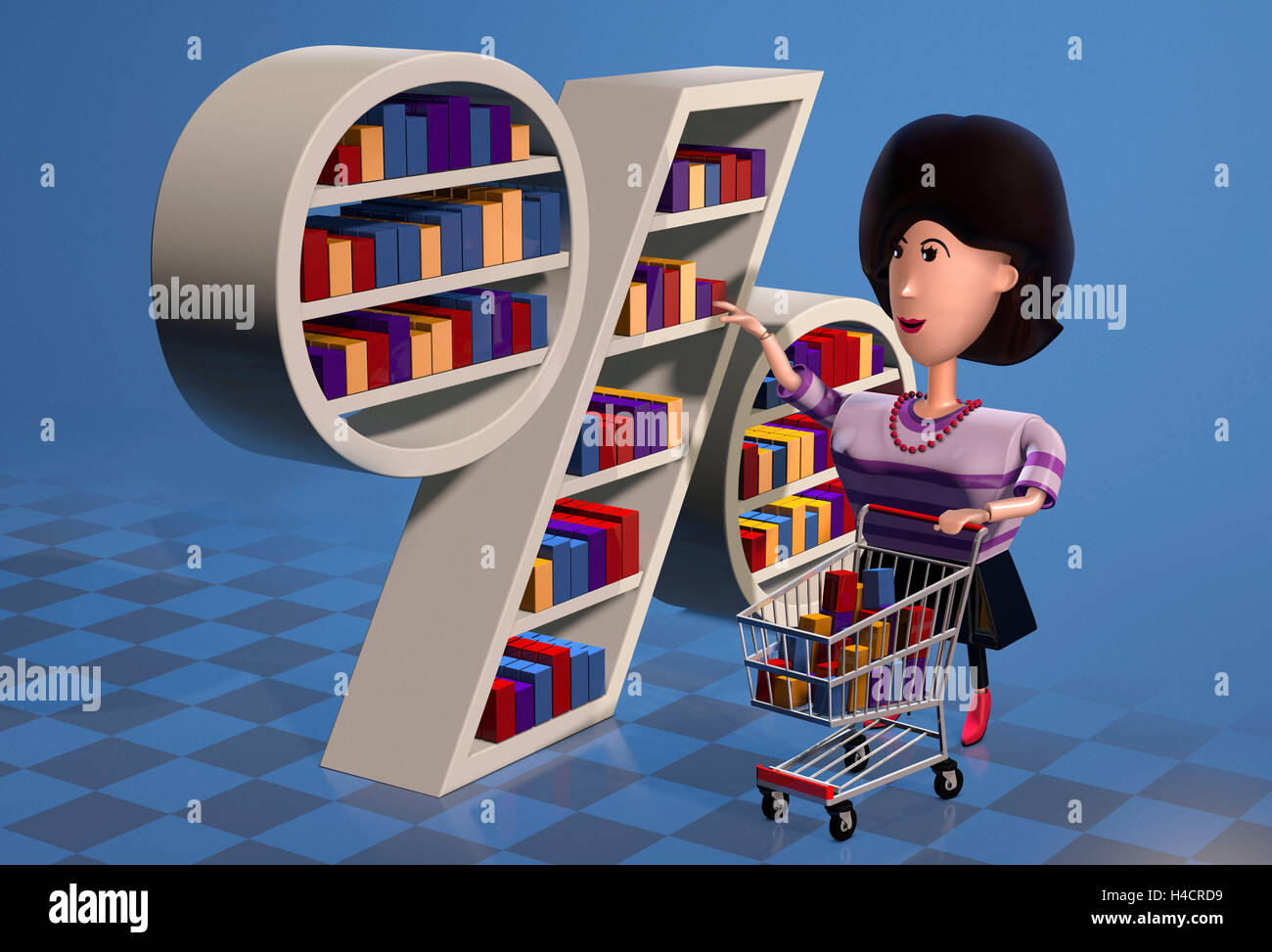 Female figure makes purchases in of a shelf which is formed like of a percent sign. Stock Photo