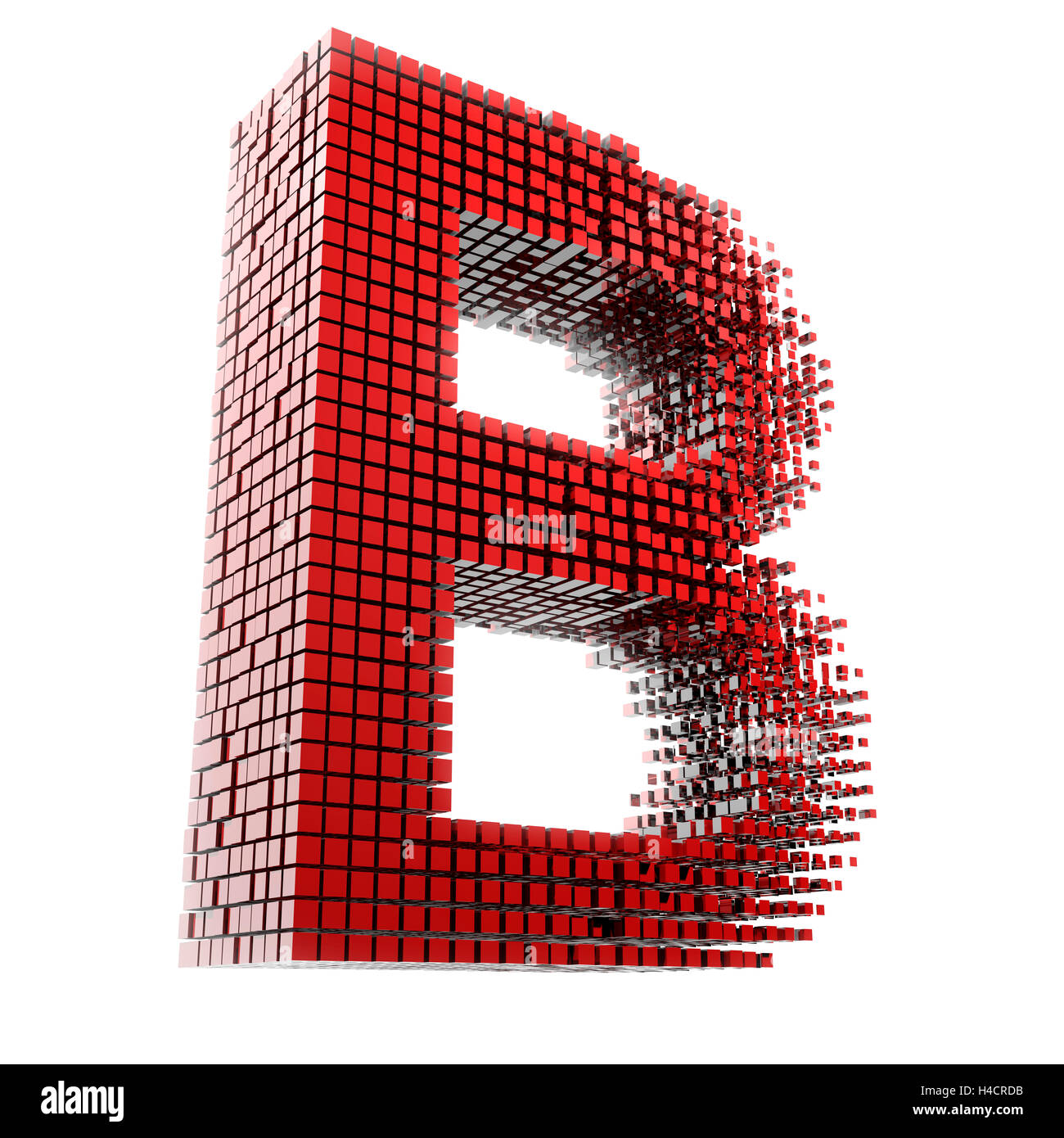 3D letter B in red material fragments digitally in front of white Hntergrund Stock Photo