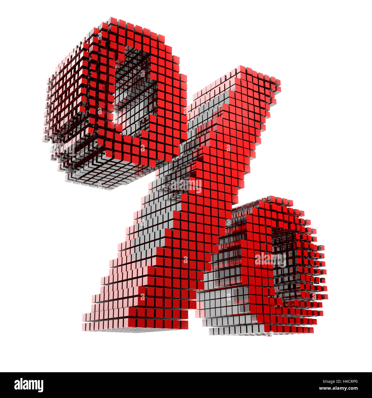 3D-percent sign in red material fragments digitally in front of white Hntergrund Stock Photo