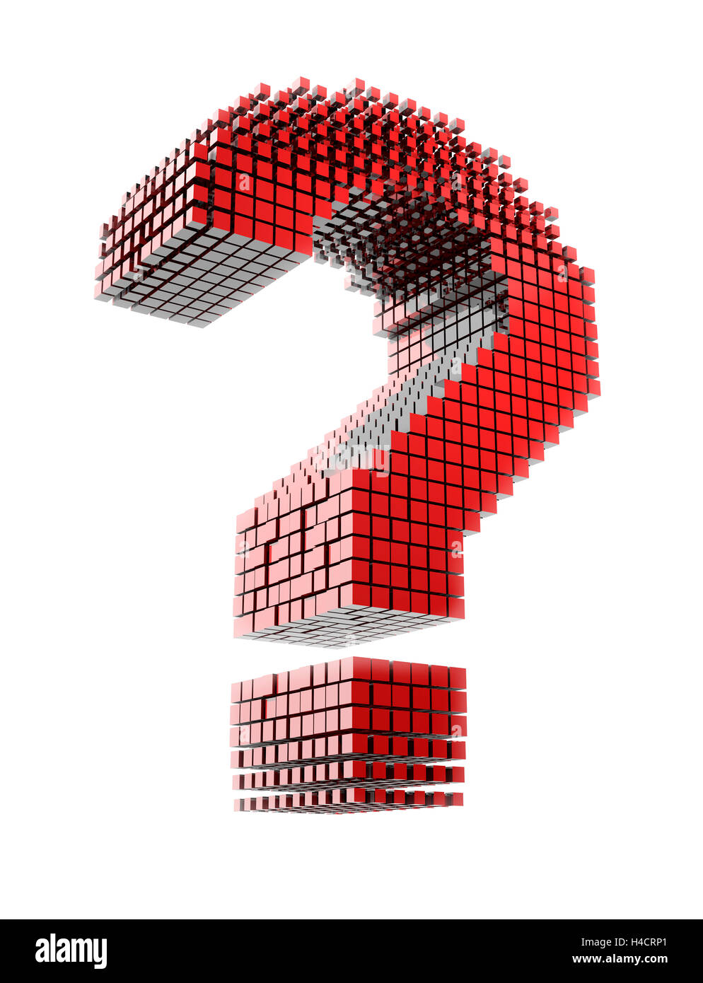 3D-question mark in red material fragments digitally in front of white Hntergrund Stock Photo