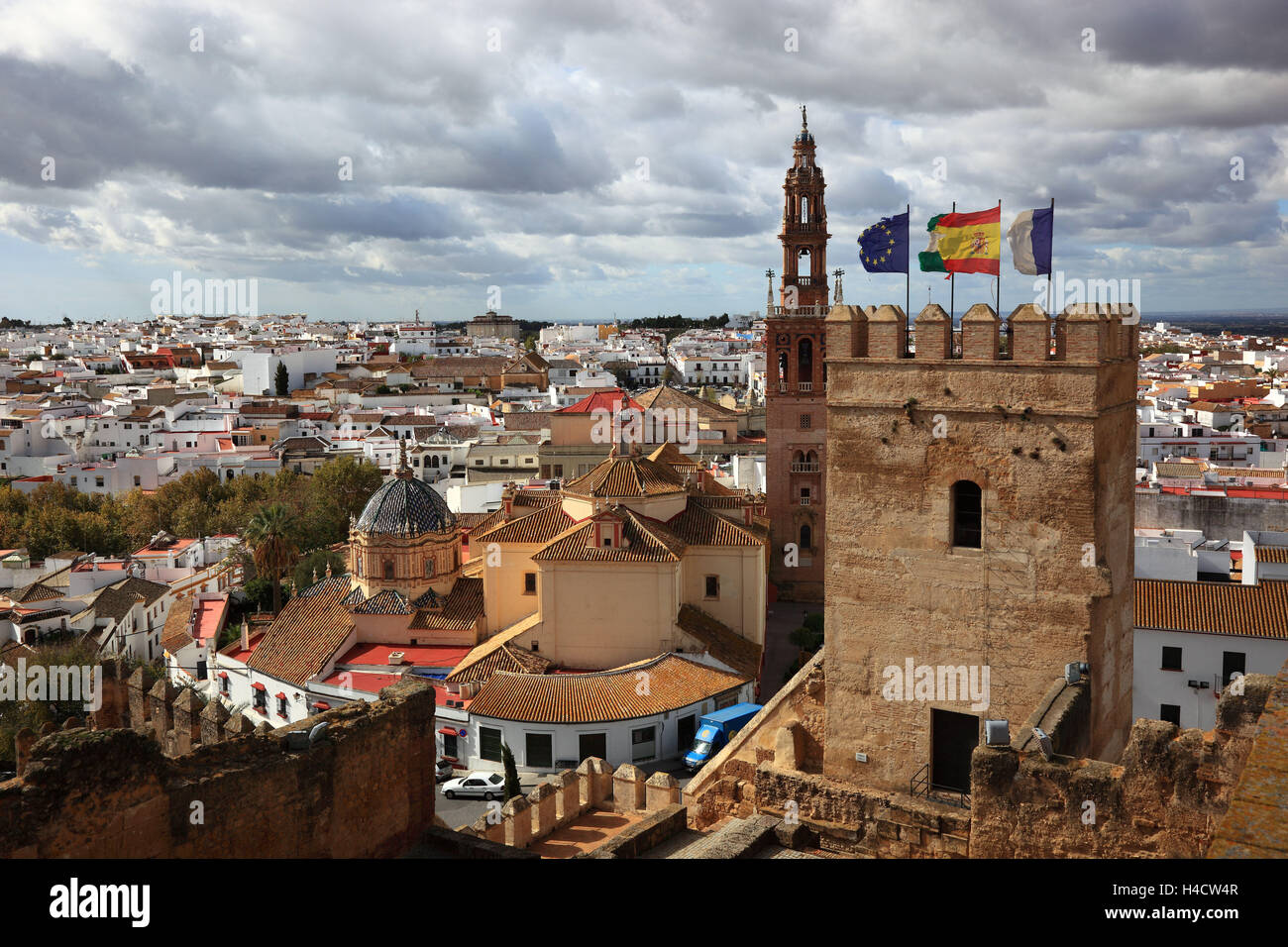 Spain, Andalusia, town Carmona in the province Seville, view from the Alkazar de la Puerta de Seville on Torre del Oro, the cathedral San Pedro and the Old Town Stock Photo
