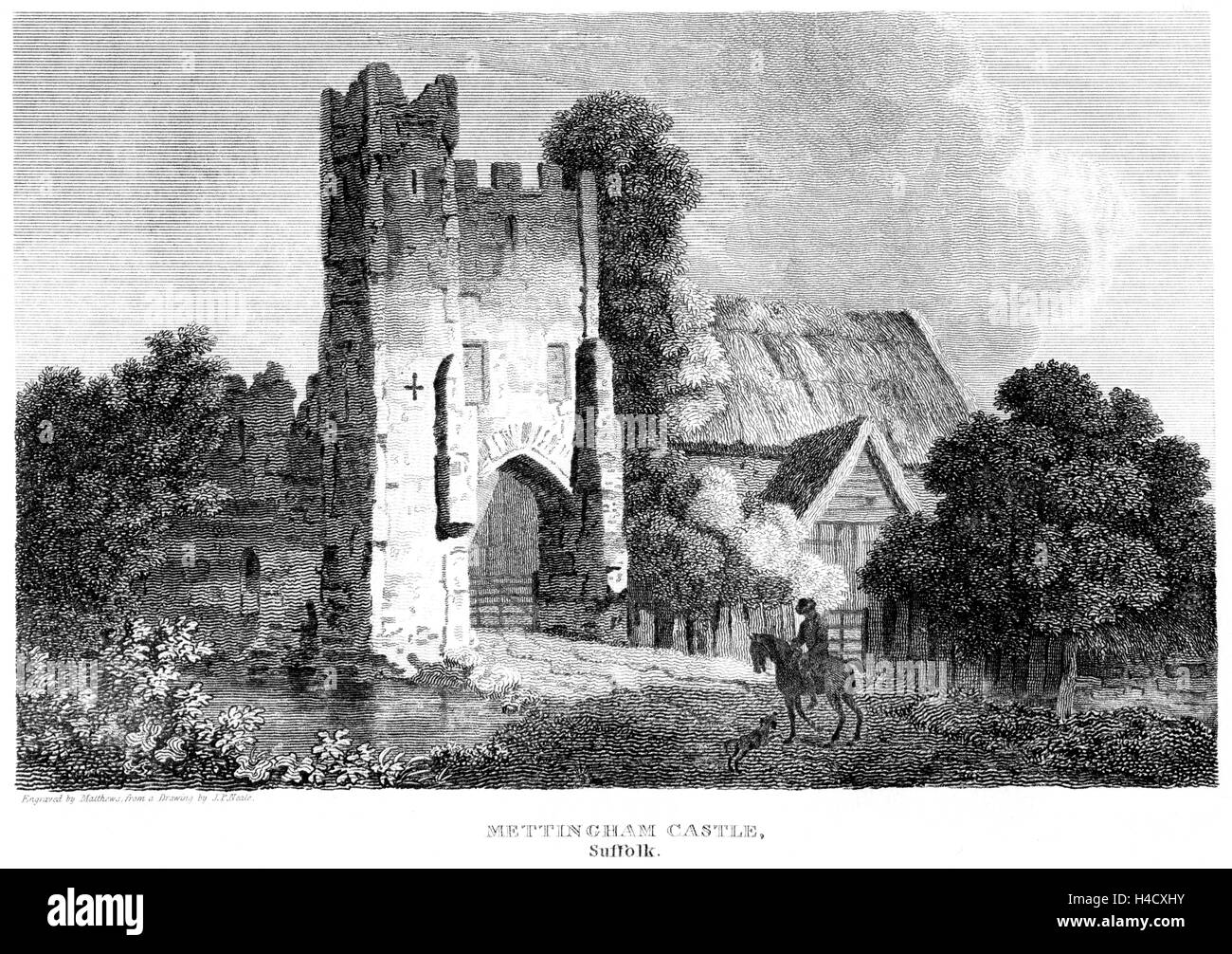 An engraving of Mettingham Castle, Suffolk scanned at high resolution from a book printed in 1812. Believed copyright free. Stock Photo