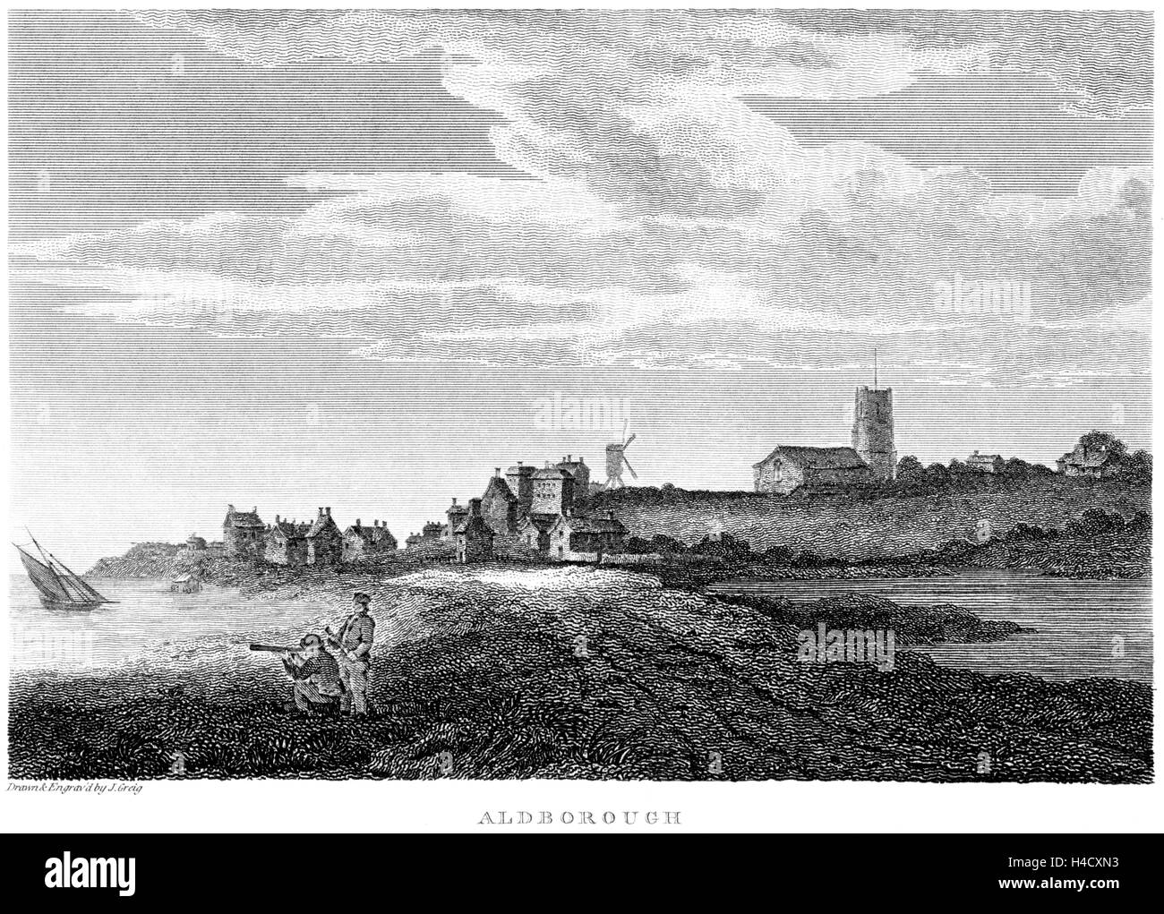 An engraving of Aldborough (Aldeburgh), Suffolk scanned at high resolution from a book printed in 1812. Stock Photo