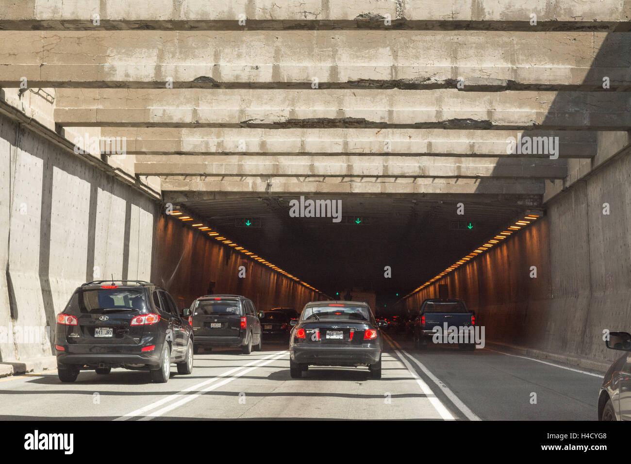 La Fontaine Tunnel - cars on autoroute 25 passing under the Saint Lawrence River, heading eastbound, Montreal, Quebec, Canada Stock Photo