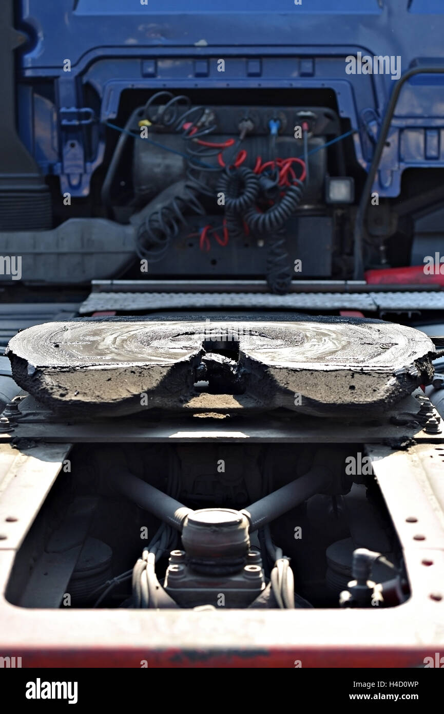 Detail with a greased fifth wheel truck coupling mechanism Stock Photo