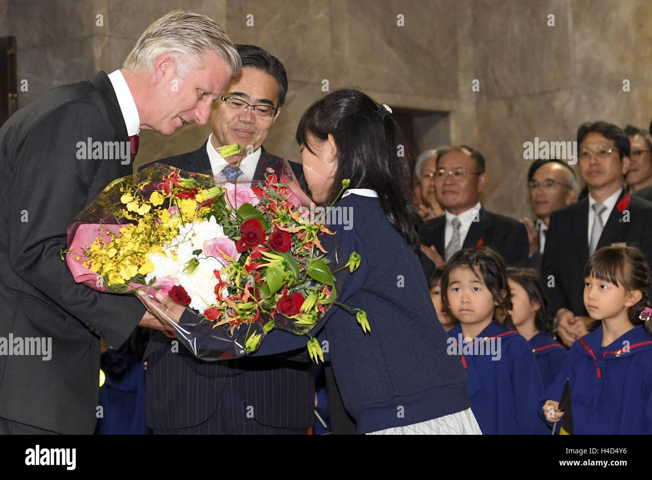 King Philippe - Filip of Belgium pictured during a reception on the occasion of the shipping of the 10th million car being shipped to Belgium, on day four of a state visit to Japan of the Belgian Royals, Thursday 13 October 2016, in Nagoya, Japan. BELGA PHOTO POOL FRED SIERAKOWSKI Stock Photo
