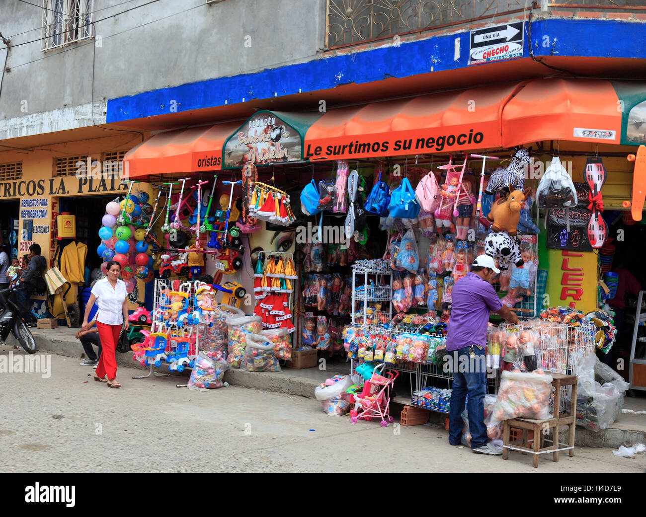 Republic Colombia, La Plata, department Huila, street scene, shops, Stock Photo