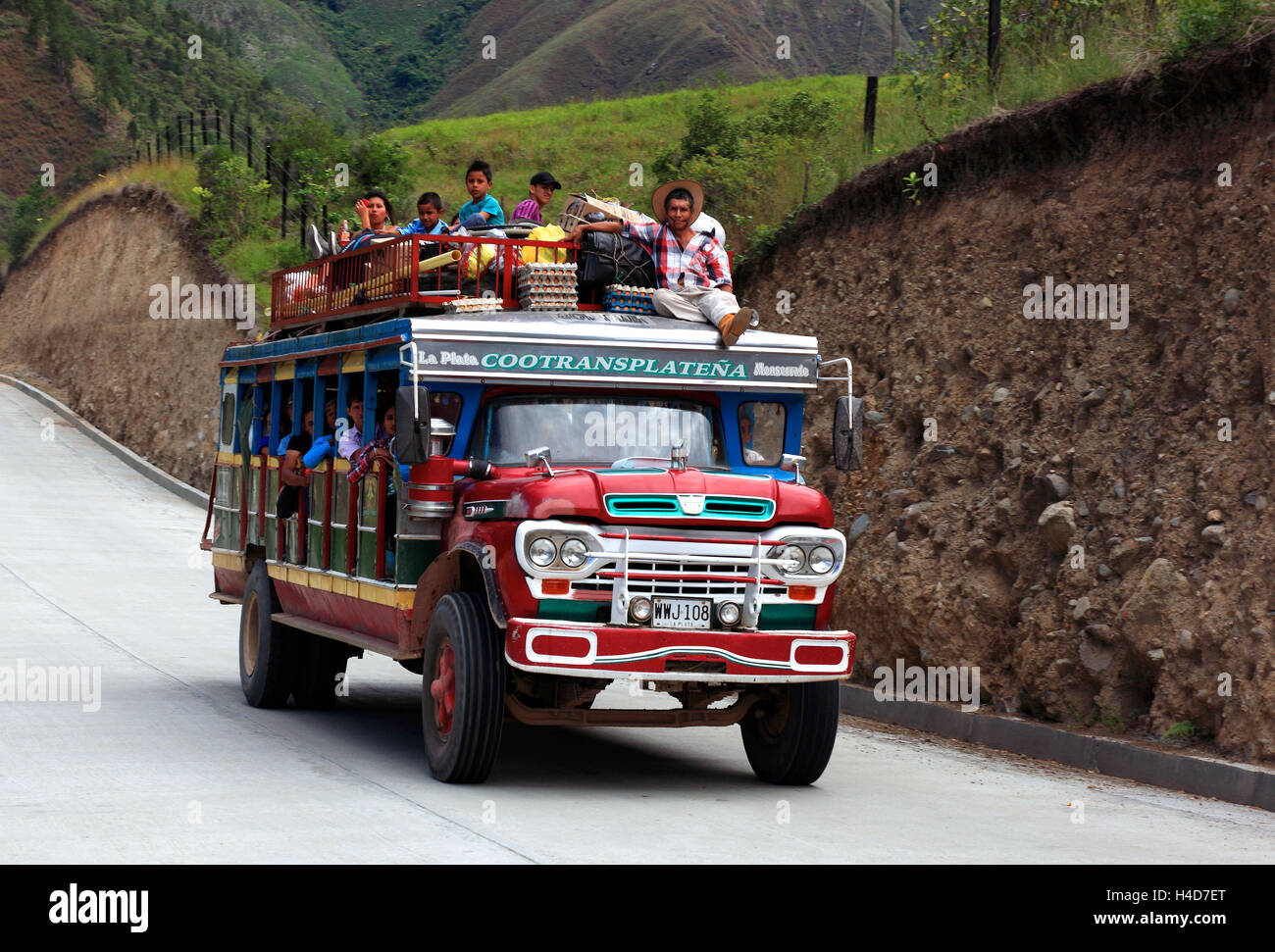 Republic Colombia, department Huila, coach on the country road, passengers, Stock Photo