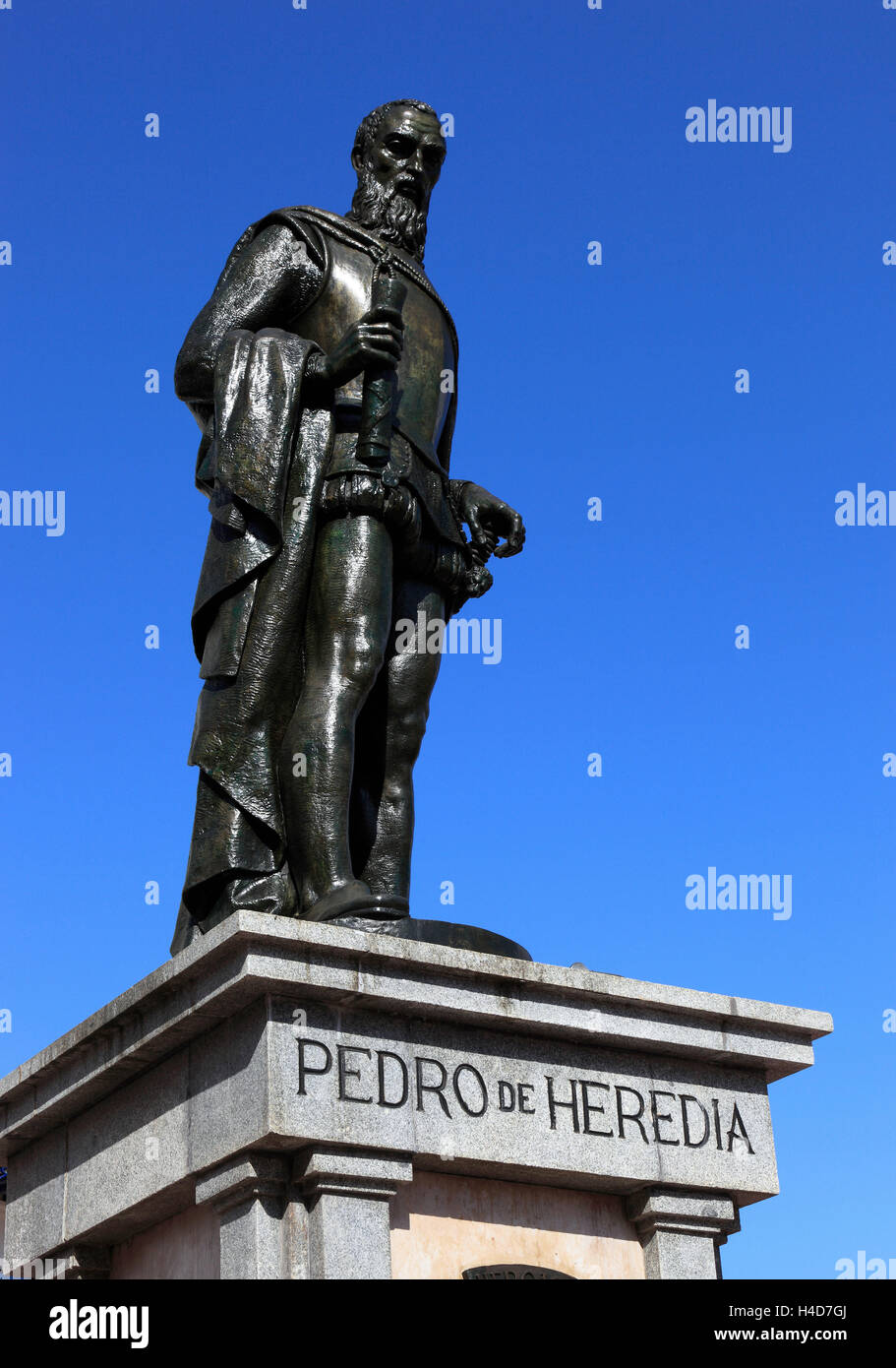Republic Colombia, Departamento Bolivar, city Cartagena de Indias, statue the Perdo de Heredia, Camellon de off martires Stock Photo
