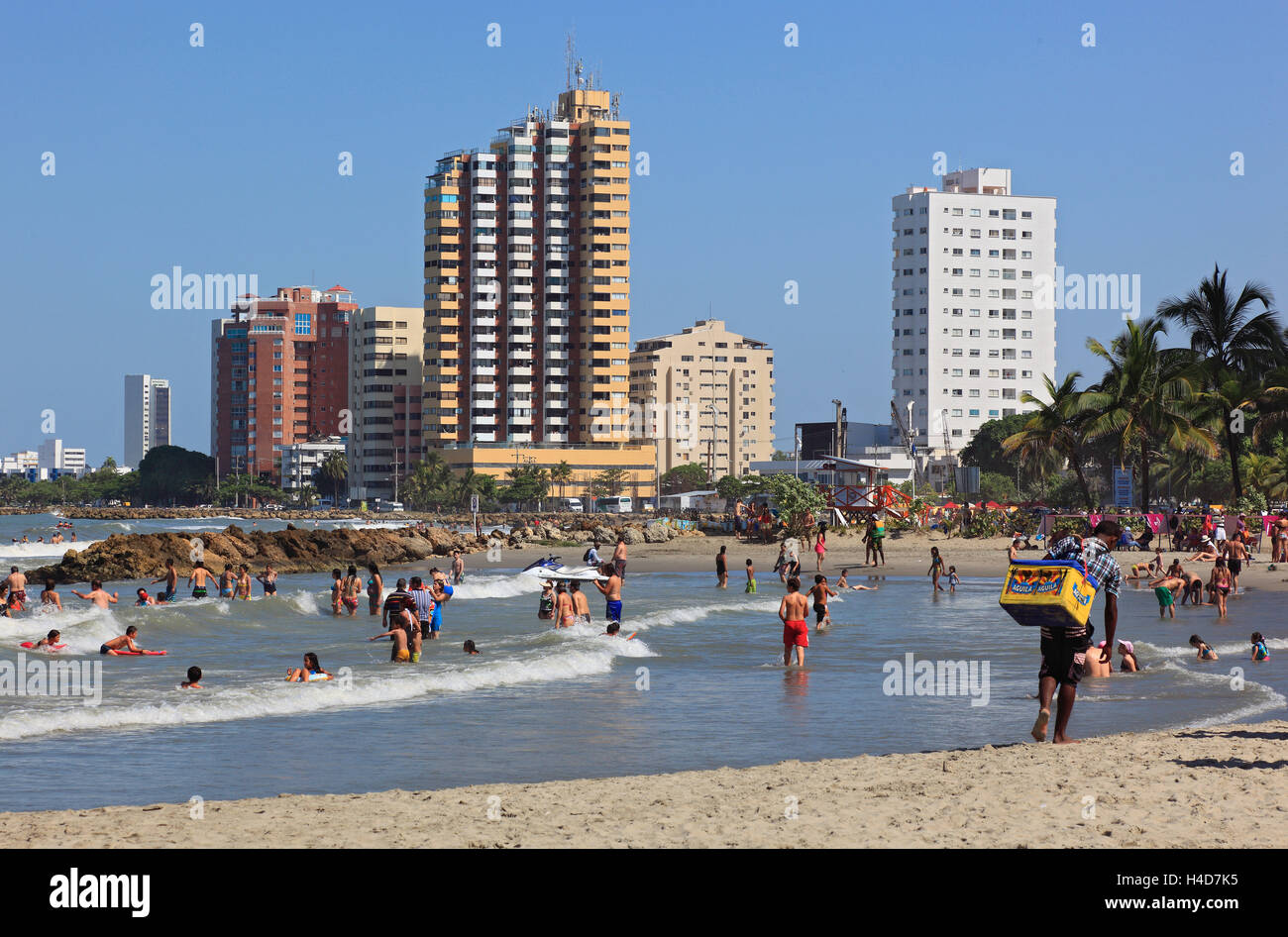 Republic Colombia, Departamento Bolivar, city Cartagena de Indias, on the beach Bocagrande, tourists, Stock Photo
