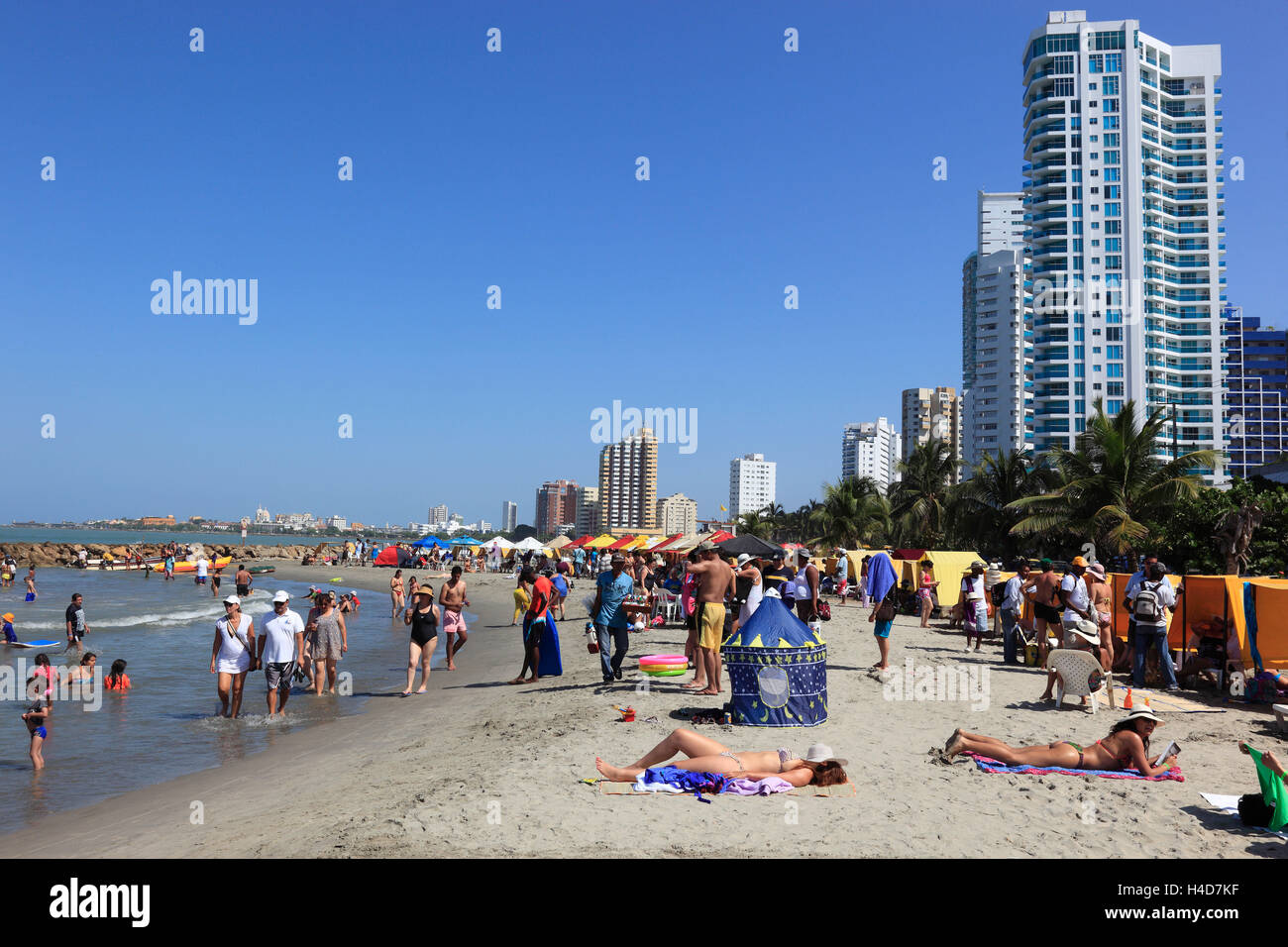 Republic Colombia, Departamento Bolivar, city Cartagena de Indias, on the beach Bocagrande, tourists, Stock Photo