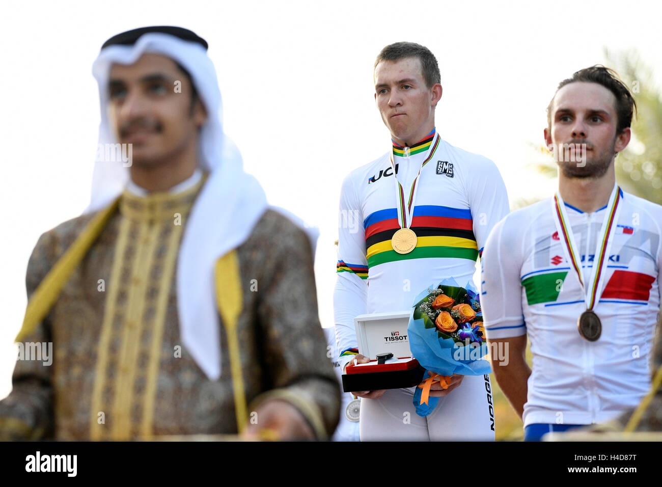 Norwegian Kristoffer Halvorsen and Italian Jakub Mareczko pictured on the podium after the men's under 23 road race at the 2016 UCI World Road World Cycling Championships in Doha, Qatar, Thursday 13 October 2016. BELGA PHOTO YORICK JANSENS Stock Photo