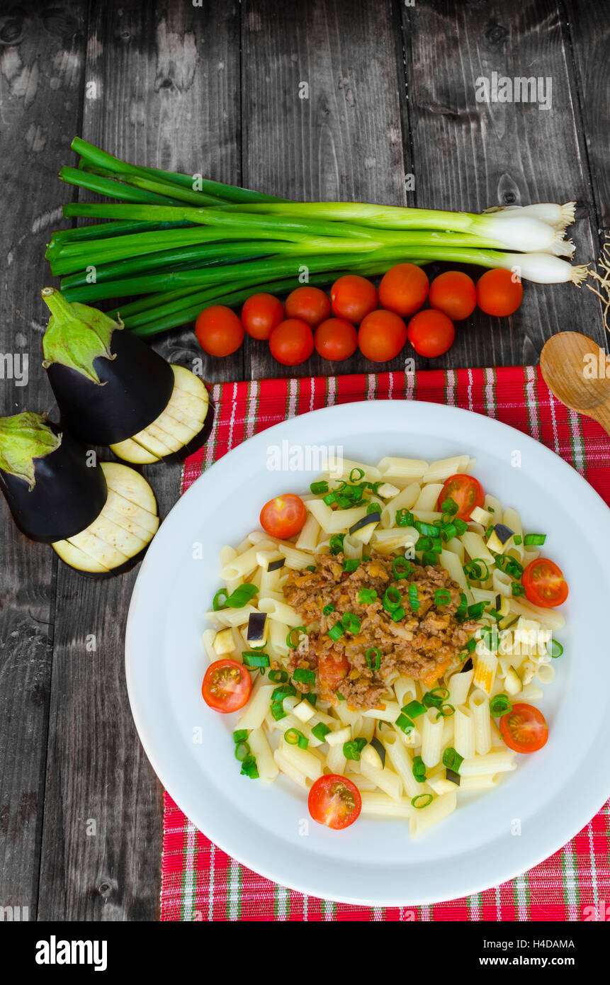 Pasta with bolognese sauce and eggplant, tomato Stock Photo Alamy