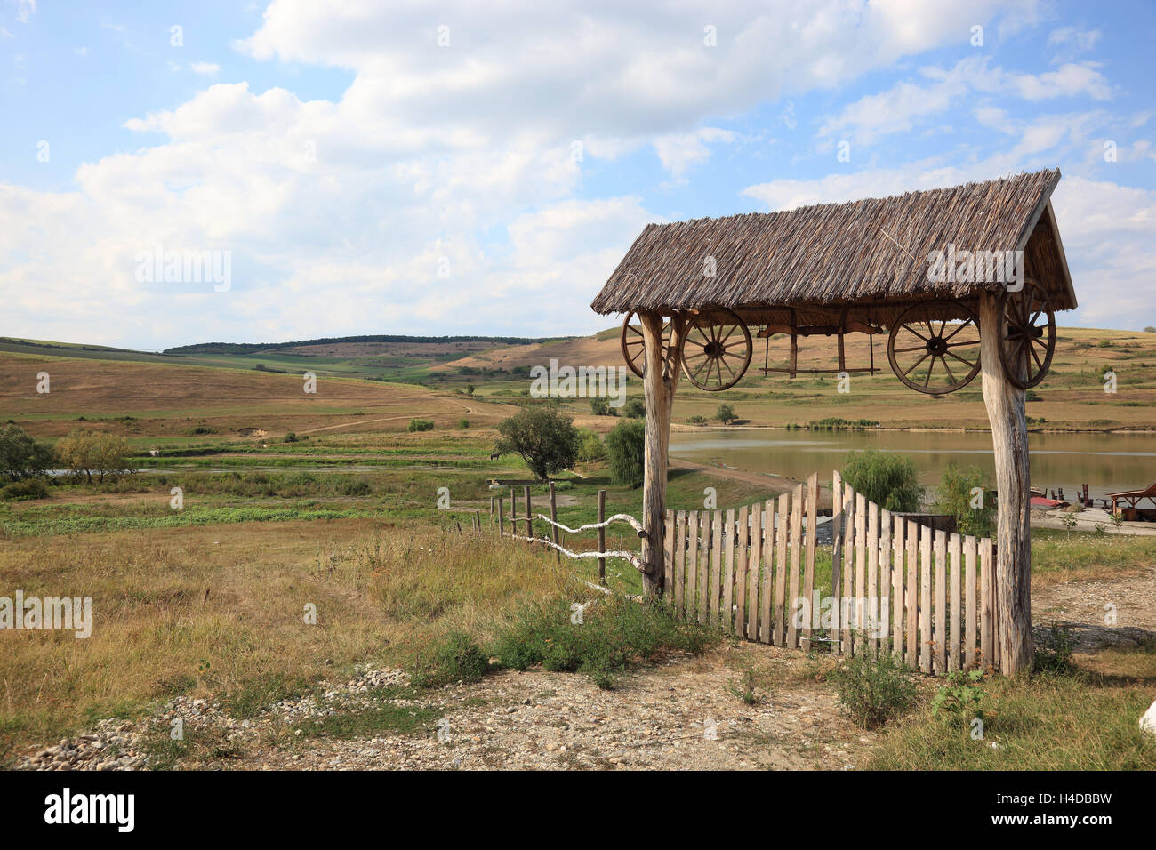 Transylvanian wooden goal at the input to an agricultural property, with Boz, Transylvania, Romania Stock Photo