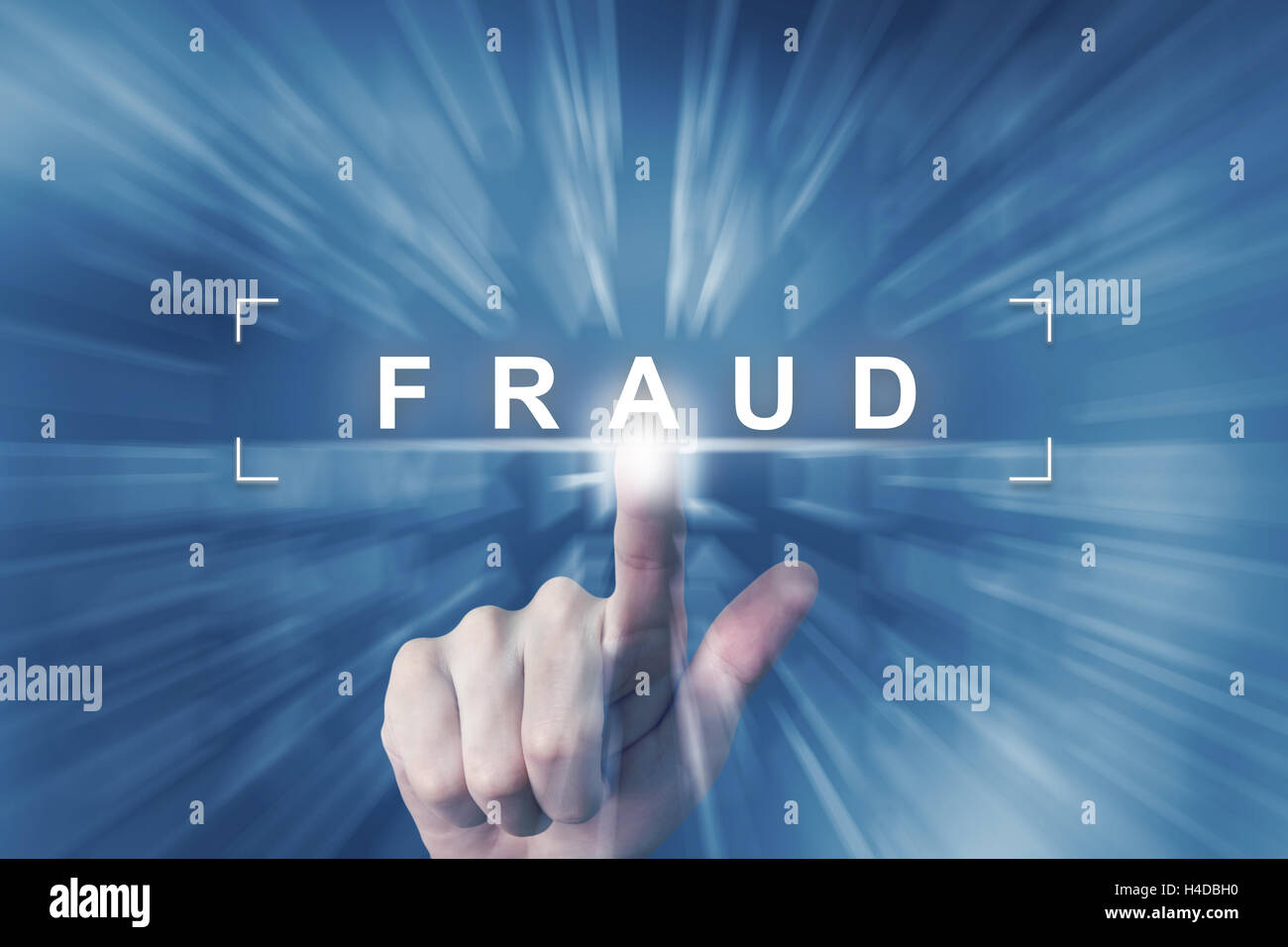 hand clicking on fraud button with zoom effect background Stock Photo