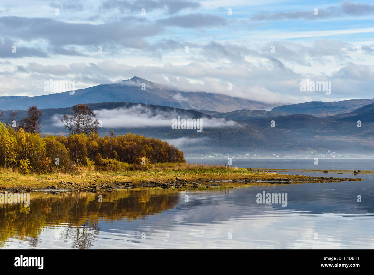 beautiful landscape mist mountain and river in autumn season at tromso, Norway, selective focus Stock Photo