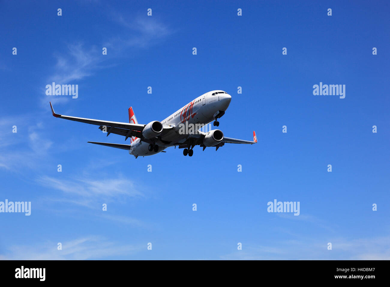 Airplane the GOL, Gol transport Aereos, Brazilian cheap flight company, in the approach on airport Aeroporto Santos Dumont in Rio de Janeiro, Brazil Stock Photo