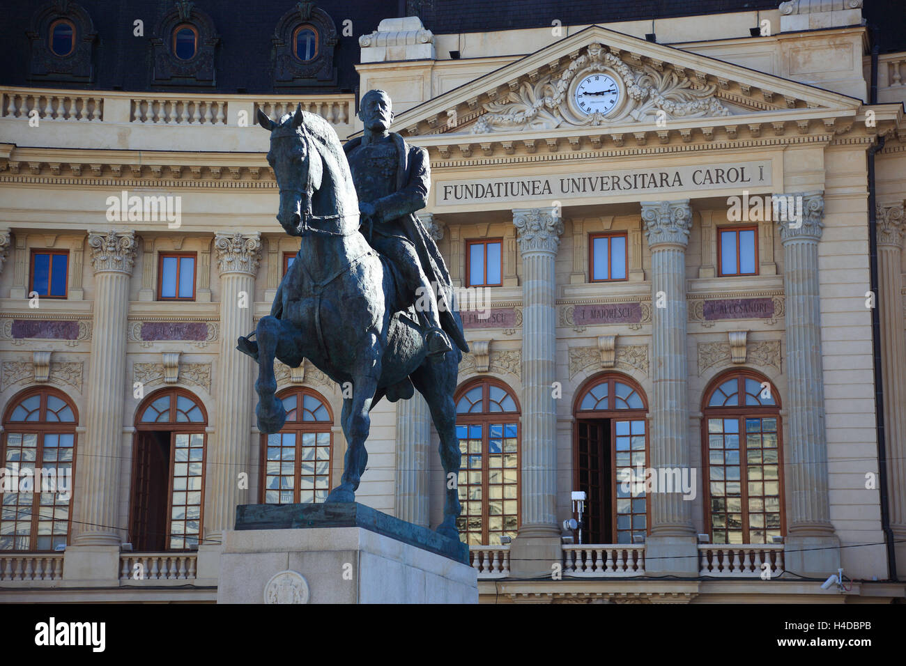 University library with bleed statue Carol I, Bucharest, Romania Stock