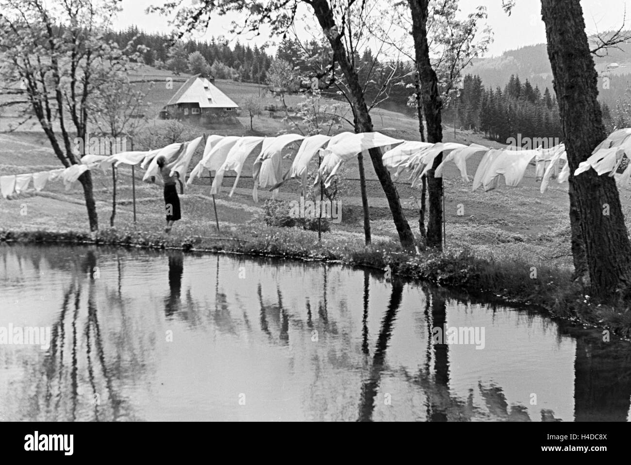 Eine Frau hängt die saubere Wäsche zum Trocknen auf der Wäscheleine auf, Schwarzwald, Deutschland 1930er. A woman is hanging the washed laundry on the washing line, Black Forest, Germany 1930s. Stock Photo