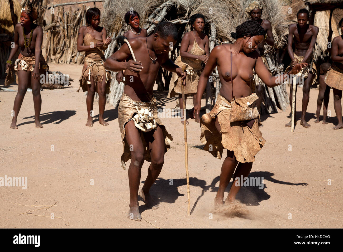 Damara people performing a traditional dance in cultural village in Damaraland district in Namibia, South Africa Stock Photo