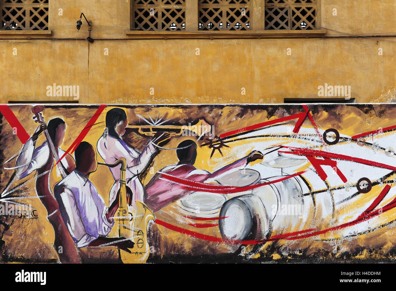 A detail of a music-inspired mural  at the “Fabrique Culturelle des Anciens Abattoirs de Casablanca”. Stock Photo