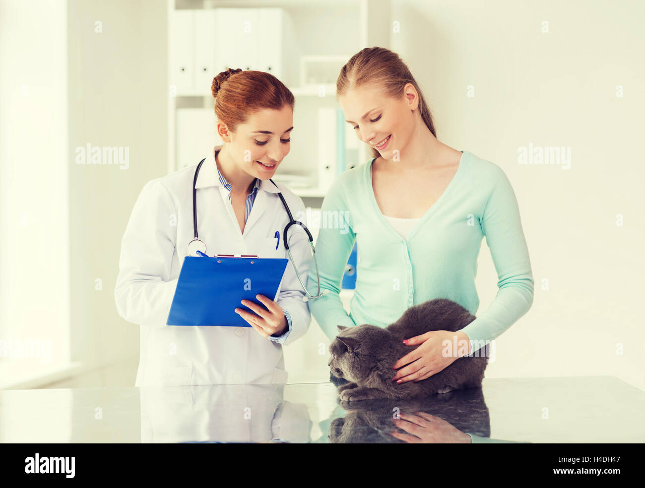 happy woman with cat and doctor at vet clinic Stock Photo Alamy