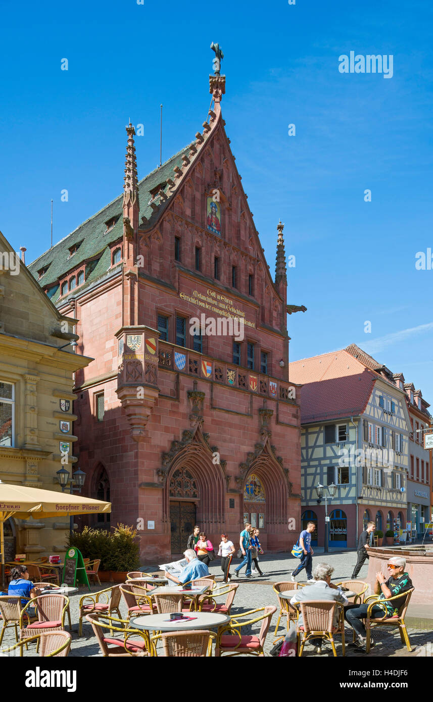 Germany, Baden-Wurttemberg, Bretten, Melanchthonhaus, north facade to the  marketplace, street cafe, The red sandstone construction 1903 accommodates  of a museum to the story the Reformation and the reformer Philipe  Melanchthon, moreover, of