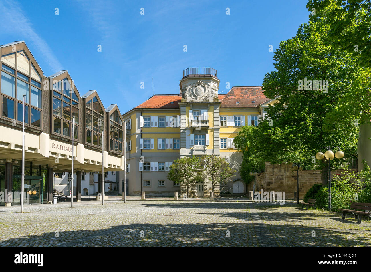 Germany, Baden-Wurttemberg, Bretten, Alfred light space, to the left city hall 1980, on the right former office house, today local court, Stock Photo