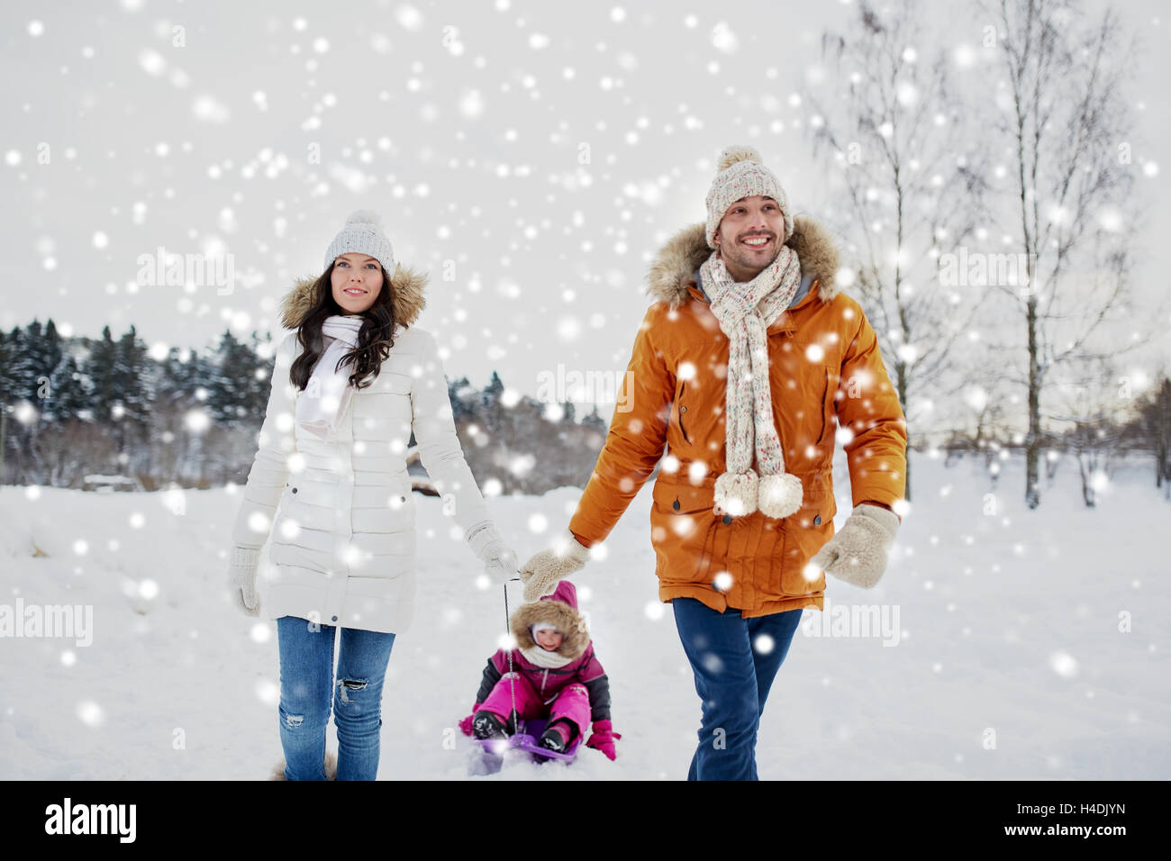 happy family with sled walking in winter outdoors Stock Photo - Alamy
