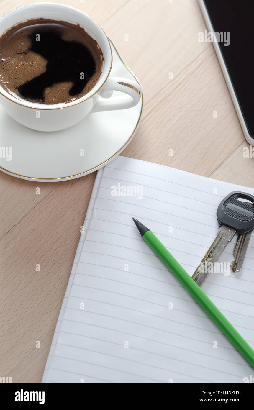Wooden table with office supplies, top view Stock Photo