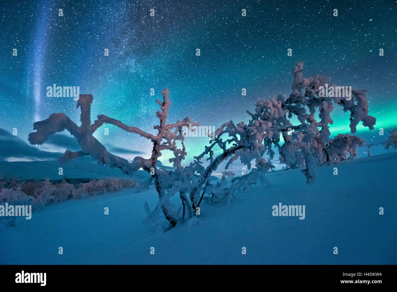 Polar lights with Milky Way, Lapland, Finland Stock Photo