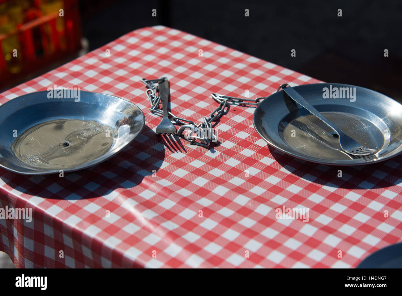 two dinner plate on chain, Polish PRL style Stock Photo
