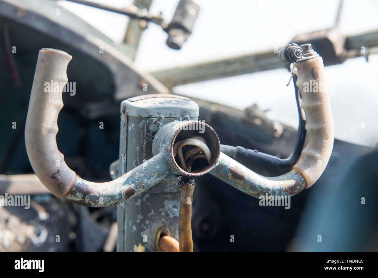 old and destroyed Airplane Steering Wheel in Cockpit Stock Photo - Alamy