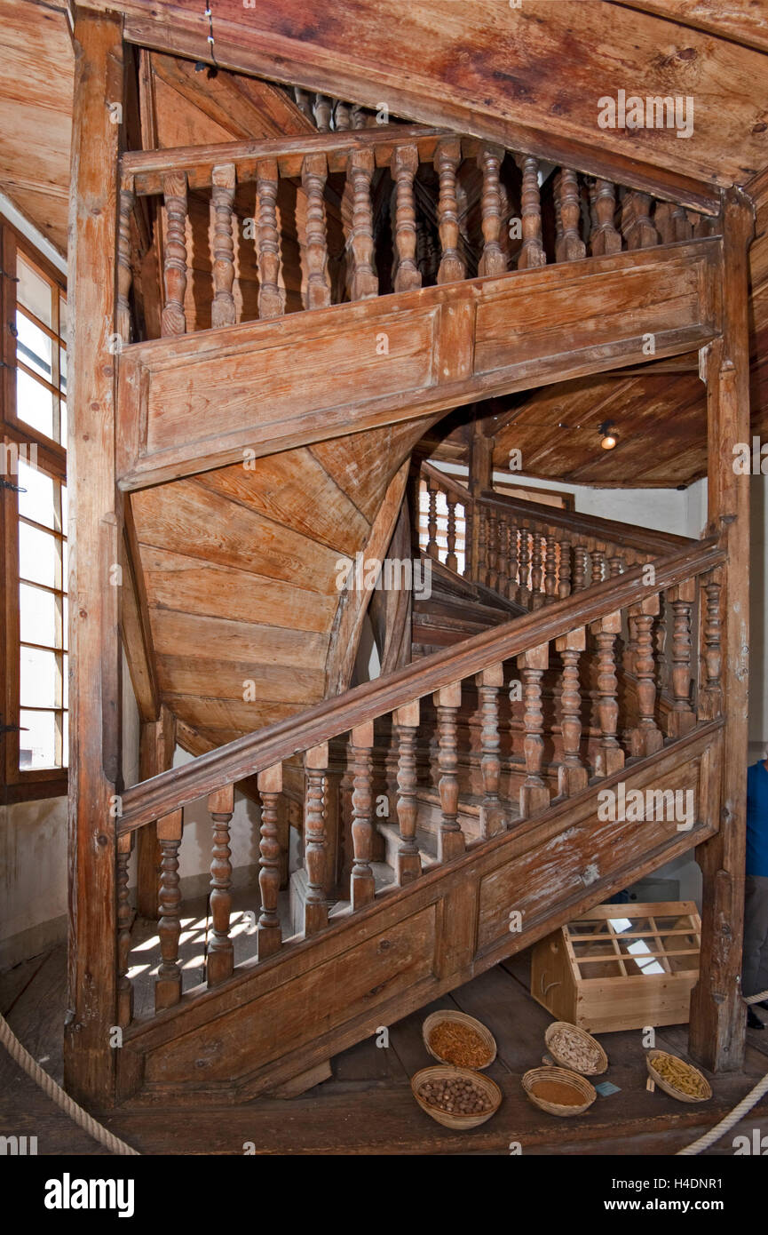 wooden stairs, Augsburg, water towers, interior view, digitally arranged Stock Photo