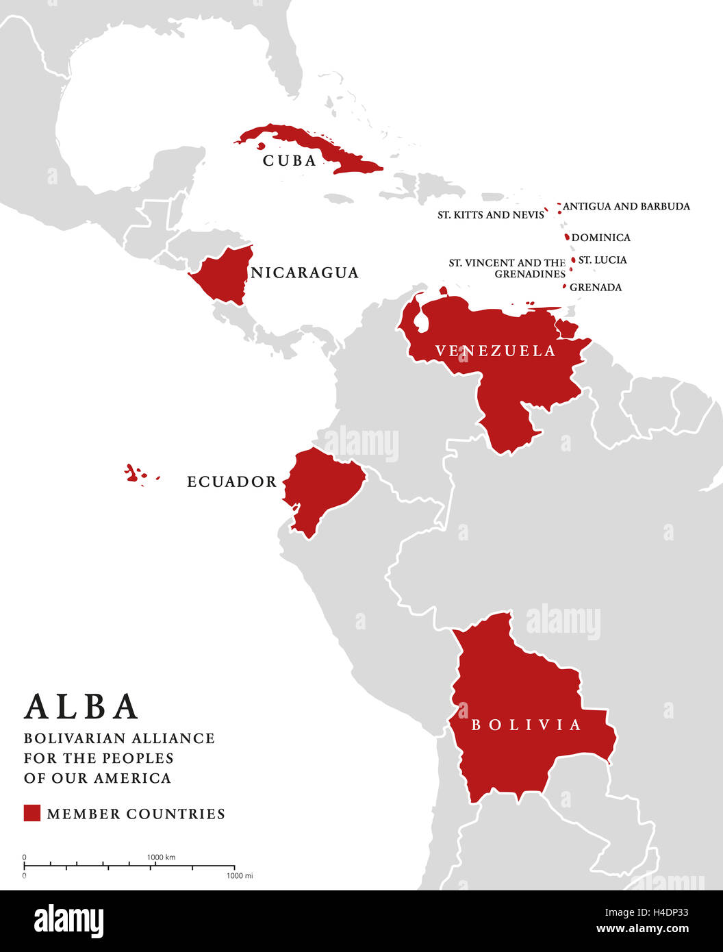 ALBA, member countries info map. Bolivarian Alliance for the Peoples of Our America, an intergovernmental organization. Stock Photo